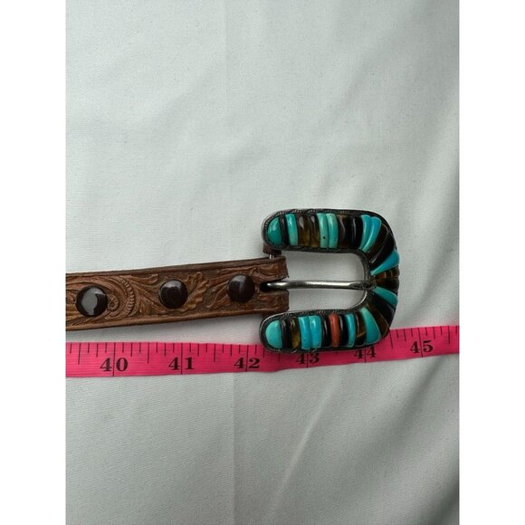 Vintage Rare Carlos Eagle Sterling Silver Inlay Buckle Belt Turquoise Coral Tige - Picture 9 of 9